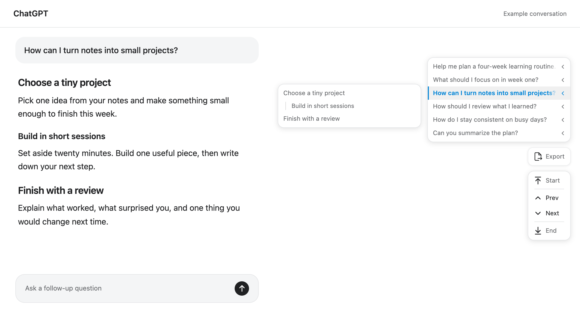 ChatPick question directory beside an example conversation